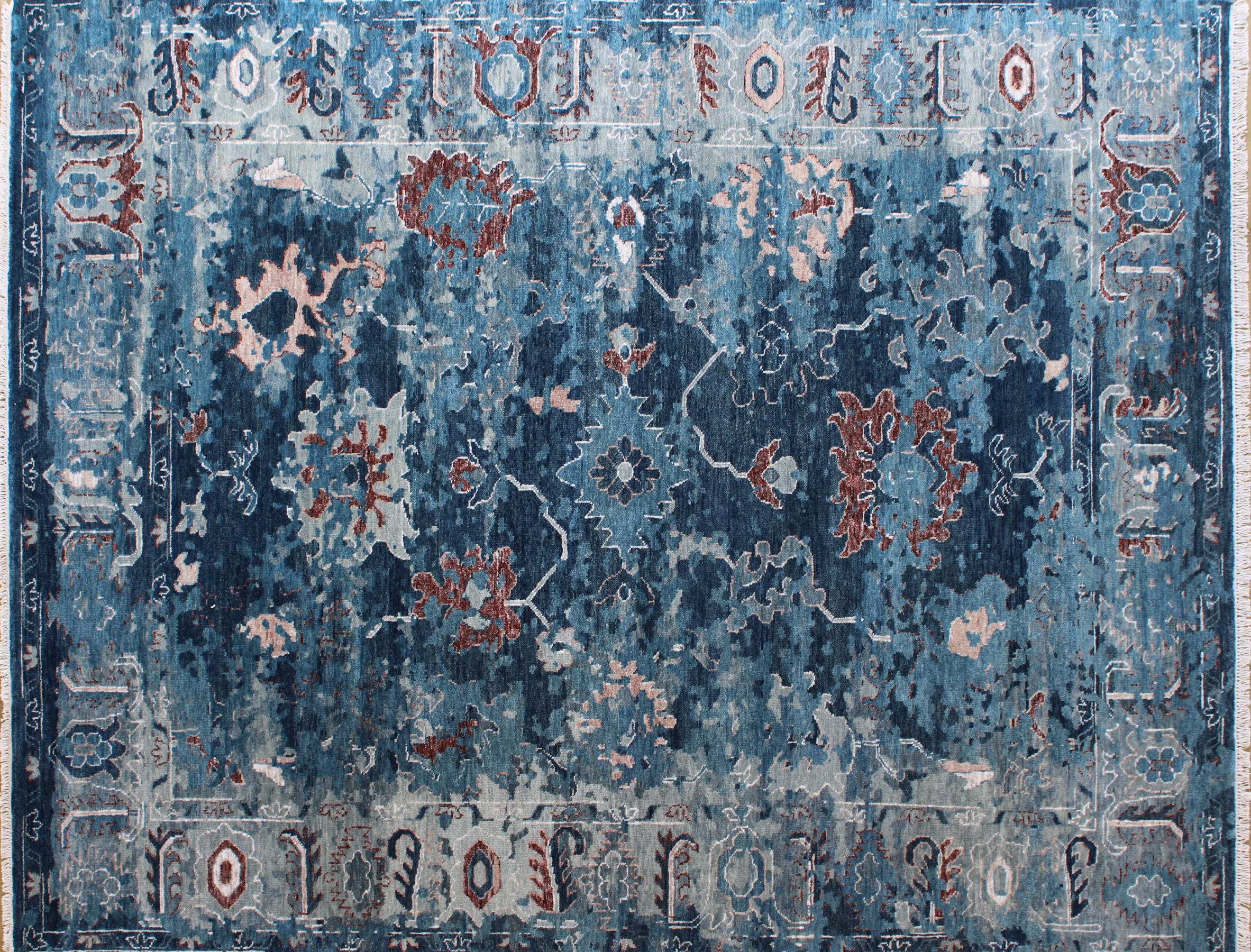 Oushak Blue Bamboo Silk Blend Rug 8ft x 10ft - Handknotted Carpet Manufacturer Mirzapur